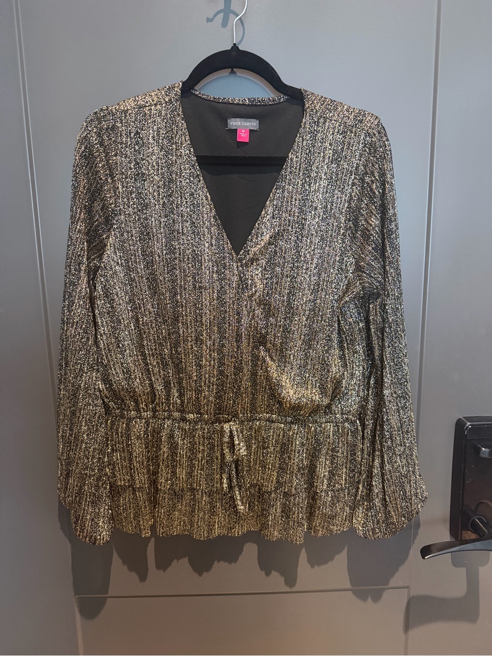 Vince Camuto Shimmering Gold V-Neck Peplum Blouse